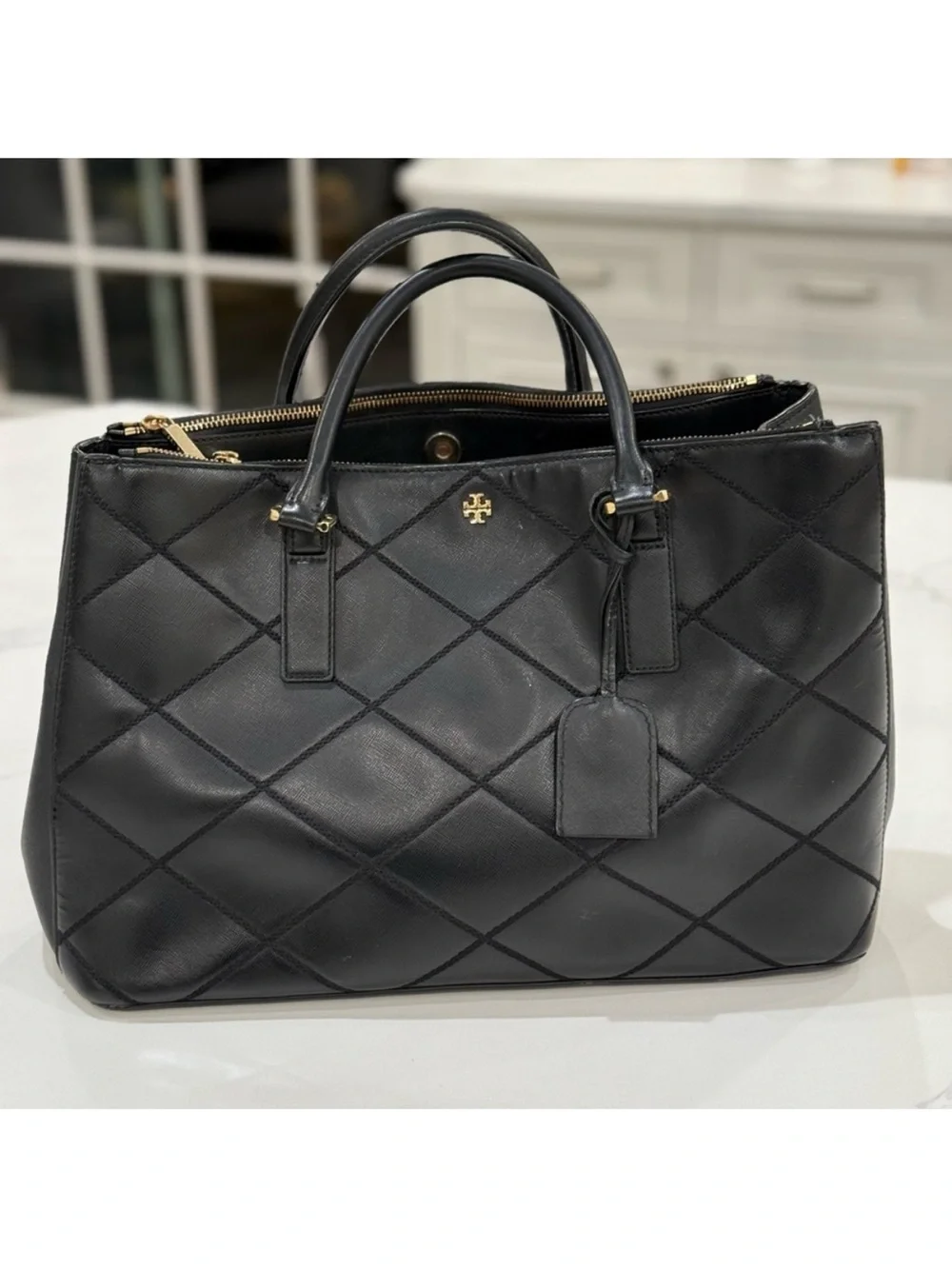 Tory Burch Robinson Black Quilted Satchel with Gold Hardware